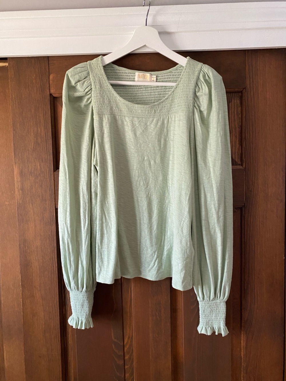 Nation LTD Abigail festival smocked long sleeve t shirt pistachio medium